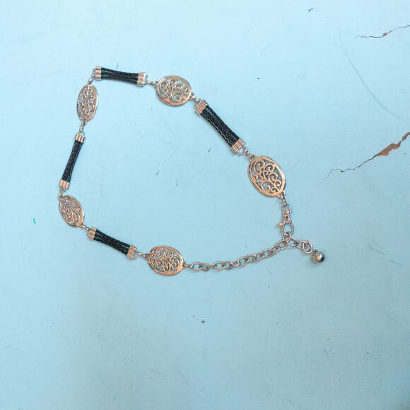 Silver Metal Black Leather Braided Chain Style Adjustable Clasp Waist Belt - Picture 2 of 6